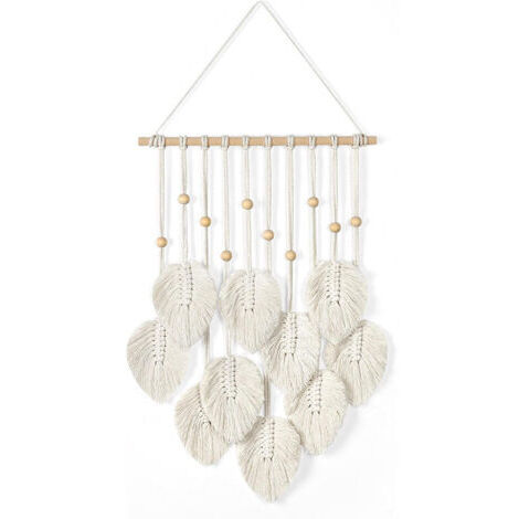 1 x Tapisserie décorative tressée en corde de coton 40 x 80 cm Motif feuilles blanches Accessoire décoratif à accrocher au mur (1/5)