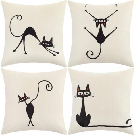 Housse de Coussin, Housse Coussin 45x45 Taie d'oreiller Lot de 4 Housses Coussin Decoratif Fleurs La Vie Marine Plante Tropicale Schéma pour Canapé Chaise de Salon (Chat-Coton Lin) (1/5)