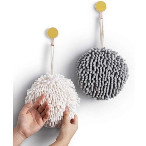 Lot de 2 serviettes en boules moelleuses blanches et grises Séchez vos mains instantanément et confortablement avec cet ensemble de serviettes de décoration de salle de bain créatives (lot de 2) (1/4)