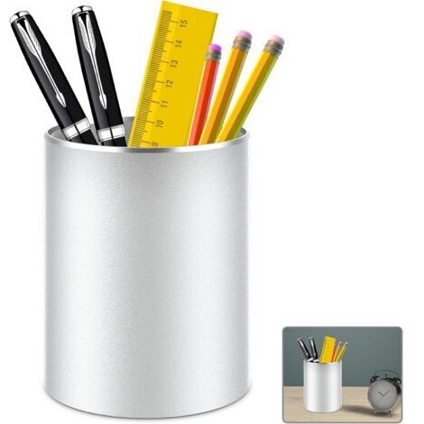pot a crayon bureau,rangement bureau organisateur rond en métal et aluminium pour bureau, école, maison et enfants, Fond en silicone antidérapant (Argent)