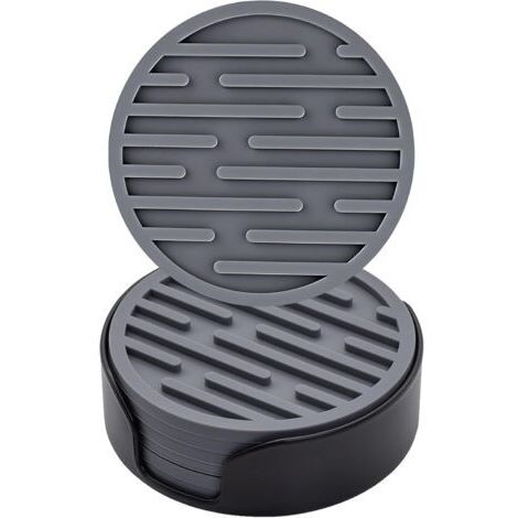 Lot de 6 dessous de verre ronds antidérapants en silicone avec support pour tasses, table, café, bar, boissons, dessous de verre (gris) (1/5)