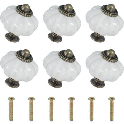 Six boutons en céramique blanche, de 3,3 x 3,3 x 3,8 cm chacun, avec vis. Boutons et poignées de tiroir en céramique en forme de citrouille. (1/5)