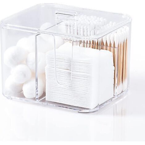 Boîte de rangement en plastique transparent pour boules et cotons-tiges, avec couvercle et distributeur de coton. (1/5)
