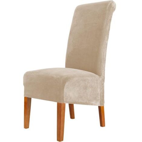 Housses de chaise de salle à manger en velours, housse de grande chaise extensible, housse de chaise à dossier haut en élasthanne élastique lavable amovible XL, lot de 2, beige (1/5)