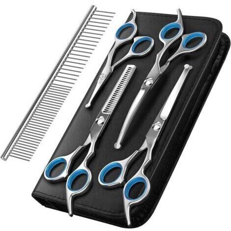 Ciseaux de Toilettage pour Chien, Ensemble de 5 Outils de Toilettage en Acier Inoxydable Enduit de Titane pour Animaux de Compagnie, Cisaille à Effiler/Droite/Incurvé et Peigne, Bleu (1/5)