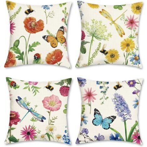 Housse de Coussin Fleurs Jardin Floral 45 x 45 cm Polyester Lin Été Printemps Décoratif Taie d'oreiller pour Canapé Salon Chambre Chaise Maison Décoration 4 Pièces (1/4)