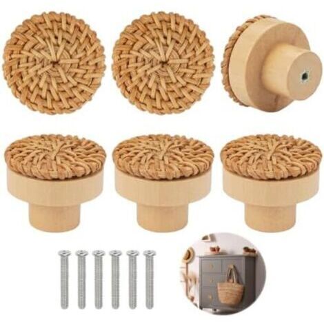(40×40×35)6 Pièces Boutons de Meuble en Rotin Bois, Poignée Meuble Bois, Bouton de Tiroir, Boutons de Portes pour Placards, Boutons de Meuble Rond en Bois, Bouton de Meuble Bois pour Chambre Cu (1/4)
