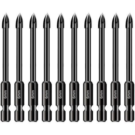 Lot de 10 forets de 6 mm pour carrelage et verre, Tige hexagonale 1/4 en carbure de tungstène, Outil de perçage pour porcelaine, céramique, miroirs, béton, mur de brique, verre (1/4)