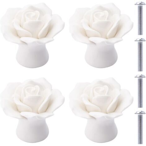 Boutons en Céramique 4 Pièces Boutons de Tiroir en Céramique Fleur de Fleur Ros Boutons de Meubles Rose en Porcelaine pour Tiroirs Armoires Portes de Placard (Blanc) (1/4)