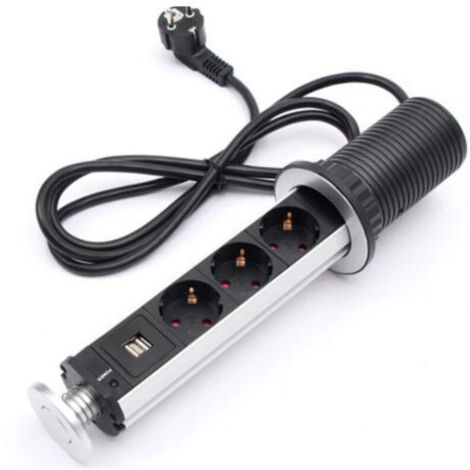 Multiprise électrique pop-up 3 prises – 2 ports USB – Câble 2m – Norme européenne – Installation verticale/horizontale (1/3)