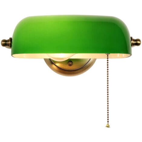 Applique Murale Banquier Vert En Verre Avec Interrupteur À Chaîne À Tirer, Lampe De Chevet Enfant, Lampe Murale E27, Base En Métal Bronze, Pour Chambre Cuisine Applique Luminaire Orientable (1/5)