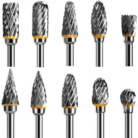 Jeu de Fraises Rotatives Acier Carbure de Tungstène Double Tranchant pour Outil rotatif, 10 pièces Tige 1/8” pour Outil Rotatif pour Bricolage, Sculpture sur bois, Polissage métaux, Gravure, Perçage (1/4)