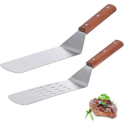 2 pièces spatule en acier inoxydable manche en bois gril en acier inoxydable Teppanyaki Burger Steak Grill (1/5)