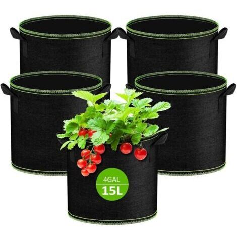 Lot de 5 Sacs de Plantation Non Tissé 15L, Sac de Plantation Terre en Tissu avec Poignée, Sacs de Culture de Plantes Réutilisable pour Tomates, Carottes, Fraises, Légumes, Fleurs (1/4)