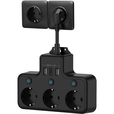 Prise Multiple avec Interrupteur Individuel, Multiprise avec USB C 3 Prises et 3 USB Chargeurs, Multiprise électrique Murale Adaptateur Prise USB Multiple Câble Court 0,1M pour Cuisine,Bureau,Noir