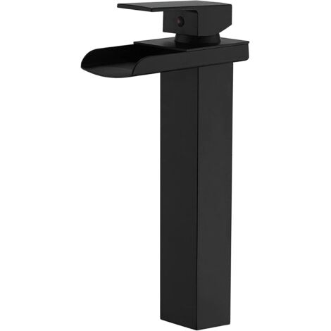 Robinet de lavabo de salle de bain noir mat avec bec cascade et tuyau d'alimentation, mitigeur monotrou à poignée unique, mitigeur de lavabo incliné, grand modèle commercial, noir (1/5)