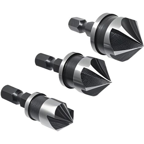 Lot de 3 tiges hexagonales à changement rapide de 6,35 mm, tige hexagonale de 6,35 mm, 5 cannelures, ensemble de forets coniques à 90 degrés, forets coniques de 12 mm/16 mm/19 mm, 5 cannelures à 90