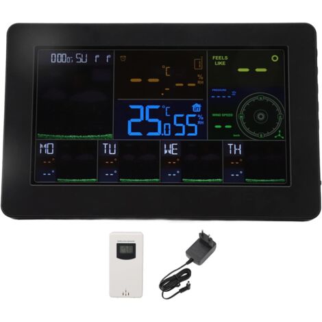 Station Météo, ABS Automatique sans Fil Intérieur Extérieur Thermomètre Affichage Couleur Réveil Numérique avec Station de Prévision WIFI avec Rétroéclairage Réglable pour la(EU PLUG)