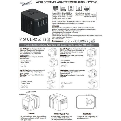 Adaptateur de voyage universel avec 1 port USB-A + 2 ports Type-C pour téléphones portables, ordinateurs, tablettes, adaptateur secteur tout-en-un pour États-Unis/Royaume-Uni/UE/Australie, charge rapi