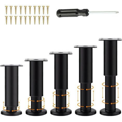 5 Pièces Pieds Meubles Noir Réglables 18-30cm, Jambe Support Canapé avec 20 Vis et 1 Tournevis, Universel Perçage sans (1/5)