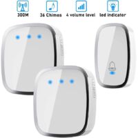 Sonnette sans fil étanche IP44 – Carillon avec portée 300 mètres – 36 mélodies et volume réglable – Kit avec 1 émetteur et 2 récepteurs – Bares