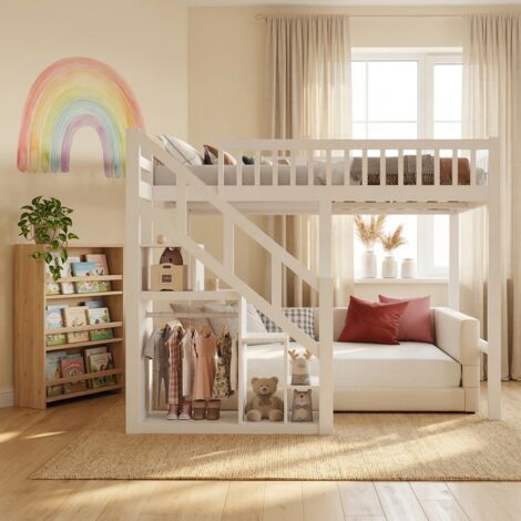 Etagenbett 140x200 cm, Kinderbett 140x200 für 2 Kinder, Hochbett mit Lattenrost, Hausbett mit Stauraumtreppe & Kleiderbügel, Rausfallschutz, Jugendhochbett, ohne Matratze,Weiß