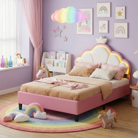 Kinderbett 90x200 cm, Einzelbett Polsterbett 90x200 mit LED Beleuchtung, Höhenverstellbares Prinzessinnenkronen-Kopfteil, Lattenrost,Jugendbett skandinavischer Stil, Samtstoff, Rosa