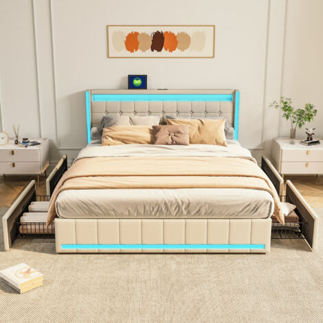 Polsterbett 140x190, Doppelbett Polsterbett mit LED und USB, Bett mit Stauraum 4 Schubladen, Polsterbett mit Lattenrost und Metallrahmen, Doppelbett Bettgestell mit Holzlatten Jugendbett, Leinen, Beig (1/5)