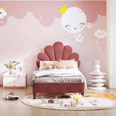 Kinderbett 90x200, Gepolstertes Einzelbett 90x200 mit Kopfteil in Blumenform, Bettgestell mit Lattenrost, Geeignet für Kinder und Jugendliche, Samtstoff, Burgunderrot
