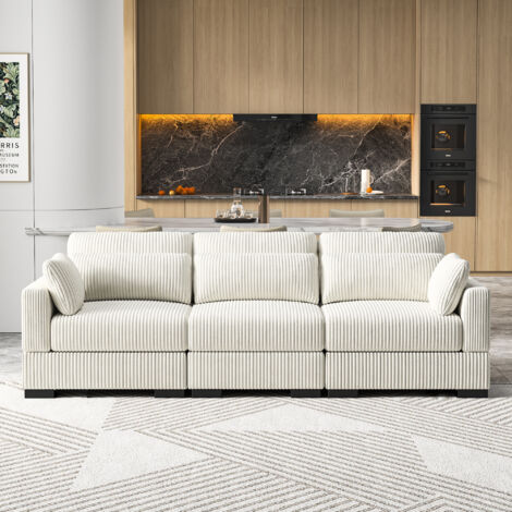 BPKADHY Sofa 3 Sitzer, Modulares Sofa mit Federkern, Ecksofa Cord, Polstersofa, Wohnzimmersofa mit Kissen, Niedrige Sofas, Massivholzrahmen, Beige