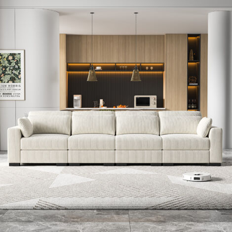 BPKADHY Sofa 4 Sitzer, Modulares Sofa mit Federkern, Ecksofa Cord, Polstersofa, Wohnzimmersofa mit Kissen, Niedrige Sofas, Massivholzrahmen, Beige