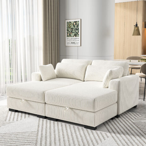 BPKADHY Sofa 2 Sitzer, Modulares Sofa mit Federkern, Ecksofa Cord mit 2 Fußhockers, Polstersofa mit Stauraum, Wohnzimmersofa mit Kissen, Niedrige Sofas, Massivholzrahmen, Beige