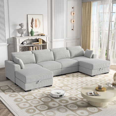 BPKADHY Sofa 4 Sitzer, Modulares Sofa mit Federkern, Ecksofa Cord mit 2 Fußhockers, Polstersofa mit Stauraum, Wohnzimmersofa mit Kissen, Niedrige Sofas, Massivholzrahmen, Grau