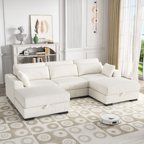 BPKADHY Sofa 3 Sitzer, Modulares Sofa mit Federkern, Ecksofa Cord mit 2 Fußhockers, Polstersofa mit Stauraum, Wohnzimmersofa mit Kissen, Niedrige Sofas, Massivholzrahmen, Beige