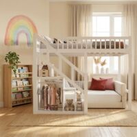 Etagenbett 140x200 cm, Kinderbett 140x200 für 2 Kinder, Hochbett mit Lattenrost, Hausbett mit Stauraumtreppe & Kleiderbügel, Rausfallschutz, Jugendhochbett, ohne Matratze,Weiß