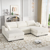BPKADHY Sofa 3 Sitzer, Modulares Sofa mit Federkern, Ecksofa Cord mit 2 Fußhockers, Polstersofa mit Stauraum, Wohnzimmersofa mit Kissen, Niedrige Sofas, Massivholzrahmen, Beige