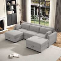 BPKADHY Sofa 3 Sitzer, Modulares Sofa mit Federkern, Ecksofa Cord mit 2 Fußhockers, Polstersofa mit Stauraum, Wohnzimmersofa mit Kissen, Niedrige Sofas, Massivholzrahmen, Grau