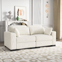 KEFSR- U-förmiges Ecksofa, Wohnzimmersofa, modulares 2-Sitzer-Sofa, mit Kissen, Cordstoff, rahmenlos, für Wohnzimmer, Büro (Weiß)