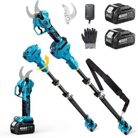 Elektrische Gartenschere mit Stiel, 2-in-1 Akku-Teleskop-Gartenschere, 4,5 m Gesamtreichweite, 40 mm Schnittkapazität, 2 x 4,0-Ah-Akkus, SK5-Klinge, Garten/Bäume/Blumen PS040Pro