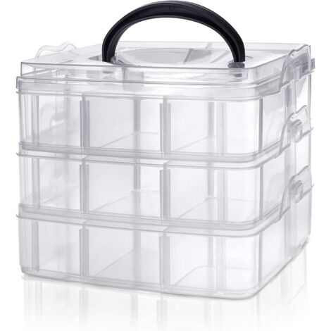 3-stöckige Aufbewahrungsbox aus transparentem Kunststoff mit herausnehmbaren und stapelbaren Fächern für Accessoires, Haarschmuck und Perlen (1/5)