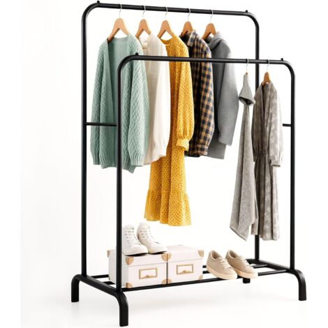 Doppelter Kleiderständer, 110 x 150 x 54 cm, fürs Schlafzimmer, robust, Metall, mit Schuhablage, Kleiderbügeln für Hemden, Hosen und leichte Jacken (Schwarz) (1/5)