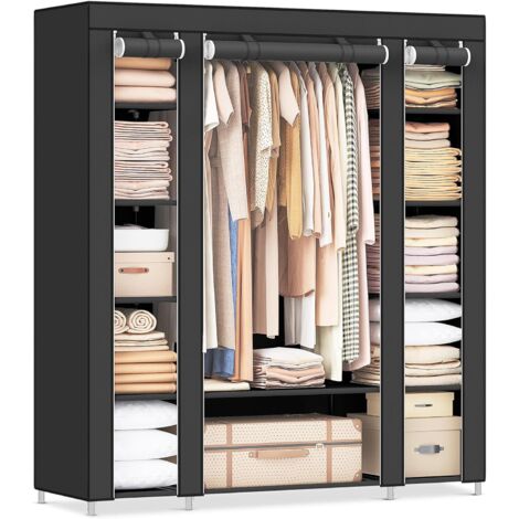 Stoffkleiderschrank mit Abdeckung, Kleiderschrank, 45 x 150 x 175 cm, 12 Fächer, Metallgestell, für Schlafzimmer, Ankleidezimmer, Schwarz (1/5)