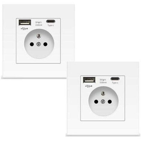 2 weiße Wandsteckdosen mit USB- und Typ-C-Anschlüssen, Glas-Netzsteckdosen, 5 V, 2100 mA (1/4)
