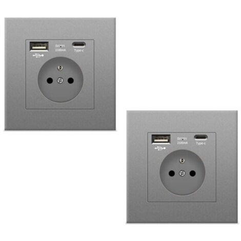 graue Wandsteckdosen mit USB- und Typ-C-Anschlüssen, Glas-Stromausgänge, 5 V, 2100 mA