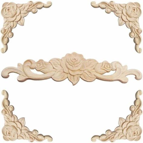 Dekorative Holzleiste, 5-teilig, Holzschnitzerei, dekorative Holzleiste, Applikation, dekorative Rosette, florales Holzschnitz-Aufkleber, dekorative Ecke, geschnitzt für Möbeldekoration (1/4)