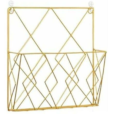 Hängender Zeitschriftenständer, Zeitschriftenhalter aus Metall, Zeitungskorb, Wandmagazinständer mit 2 Haken für Zeitschriften, Bücher und Bürodokumente (Gold) (1/4)