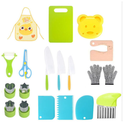 19-teiliges Kinderküchenmesserset, Sicherheitsmesserset zum Schneiden von Obst oder Gemüse, gezahnte Messer, Schneidebretter und weiteres Küchenzubehör (1/4)
