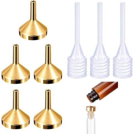 Set aus 5 kleinen Metalltrichtern mit 3 Minipipetten zum Abfüllen und Dosieren von Flüssigkeiten für kleine Parfümproben und Kosmetikemulsionen (1/4)