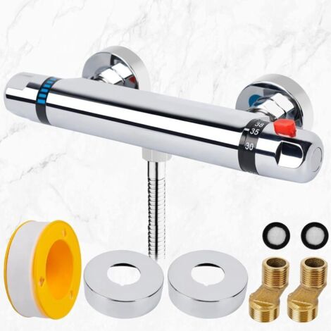 Thermostat-Duscharmatur, 150 mm, Thermostat-Duscharmatur mit Sicherheitsverriegelung, 38 °C, Wandmontage, Messing/Chrom-Finish, Temperaturregelung (20–50 °C), Thermostatarmaturen (1/4)