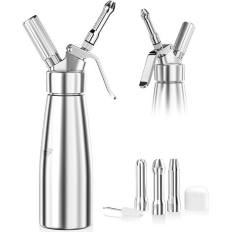 500-ml-Sahnespender aus Aluminium mit 3 Edelstahl-Tüllen und 1 Reinigungsbürste, zum Dekorieren von Geburtstagstorten, Gebäck, Eiscreme und Desserts